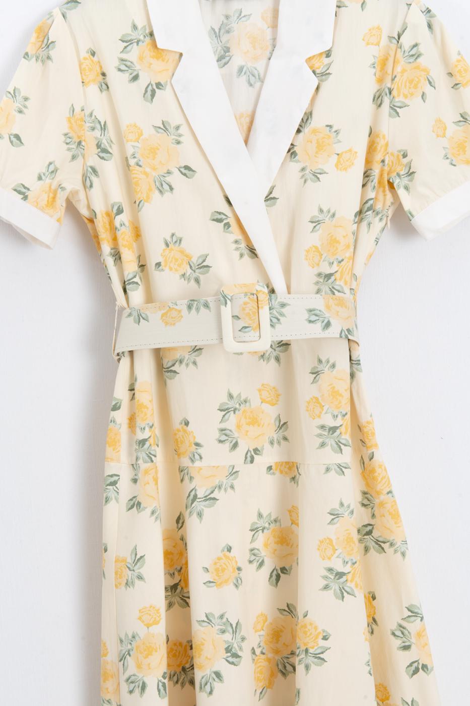 Jacket Collar Belted Poplin Dress Yellow