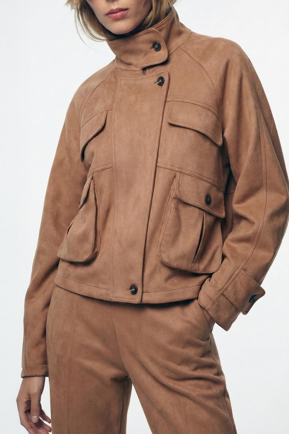 Suede Jacket with Pockets Camel