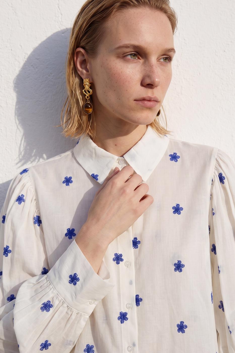 Floral Patterned Balloon Sleeve Shirt Ecru
