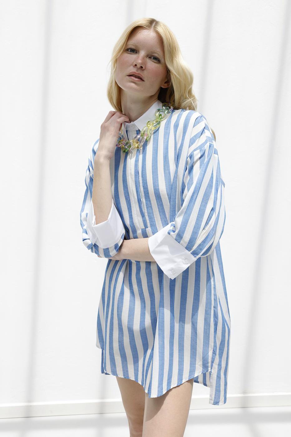 Striped Linen Blend Mini Dress Blue