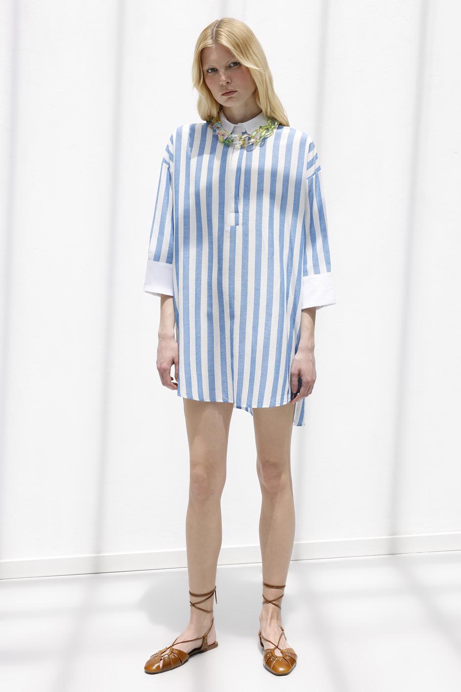 Striped Linen Blend Mini Dress Blue