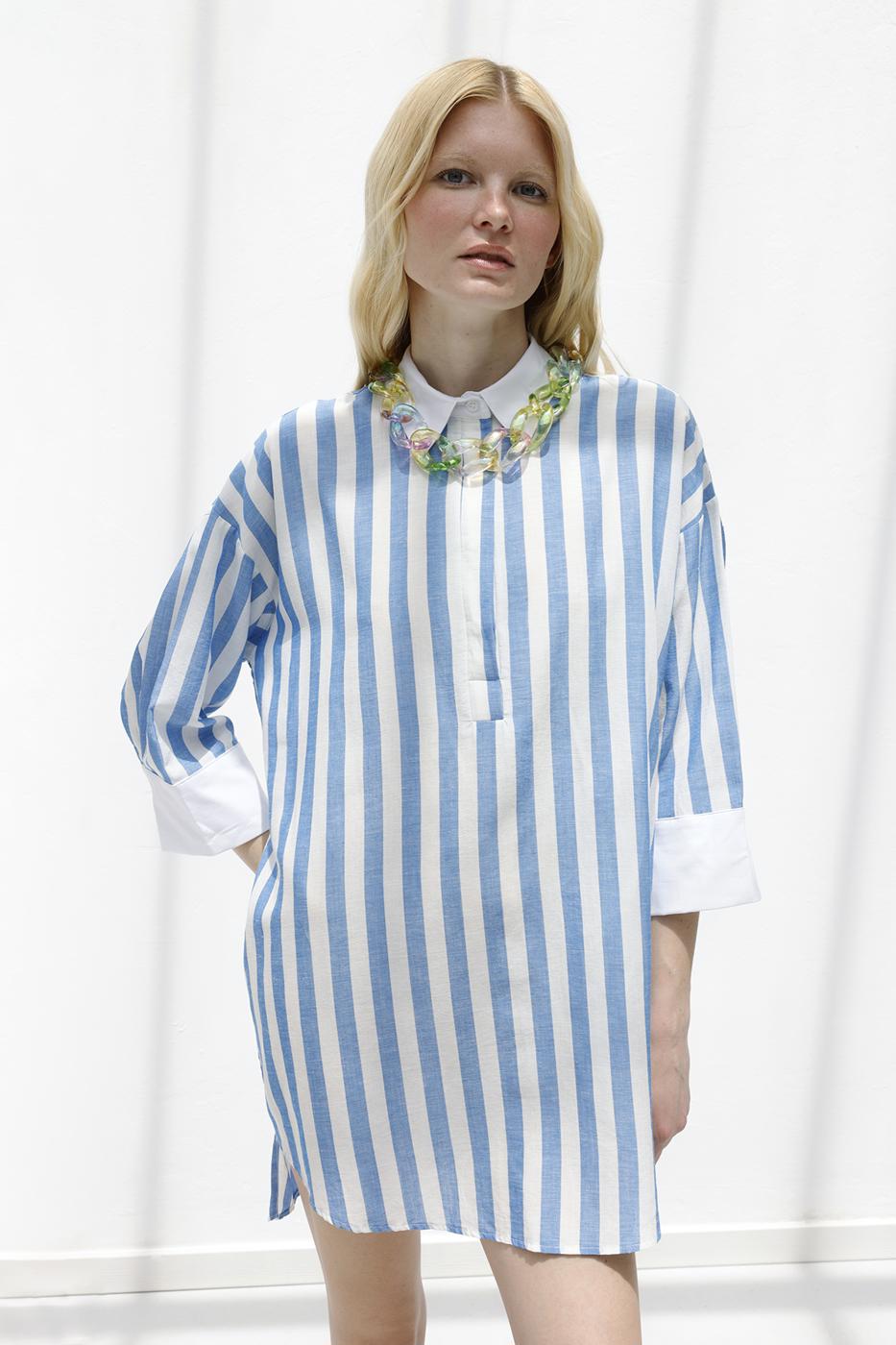 Striped Linen Blend Mini Dress Blue