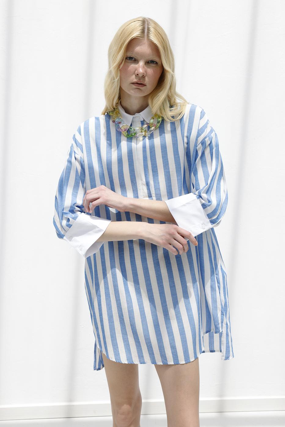 Striped Linen Blend Mini Dress Blue