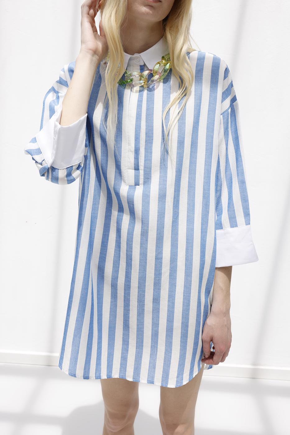 Striped Linen Blend Mini Dress Blue