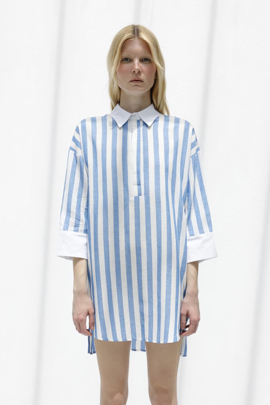 Striped Linen Blend Mini Dress Blue