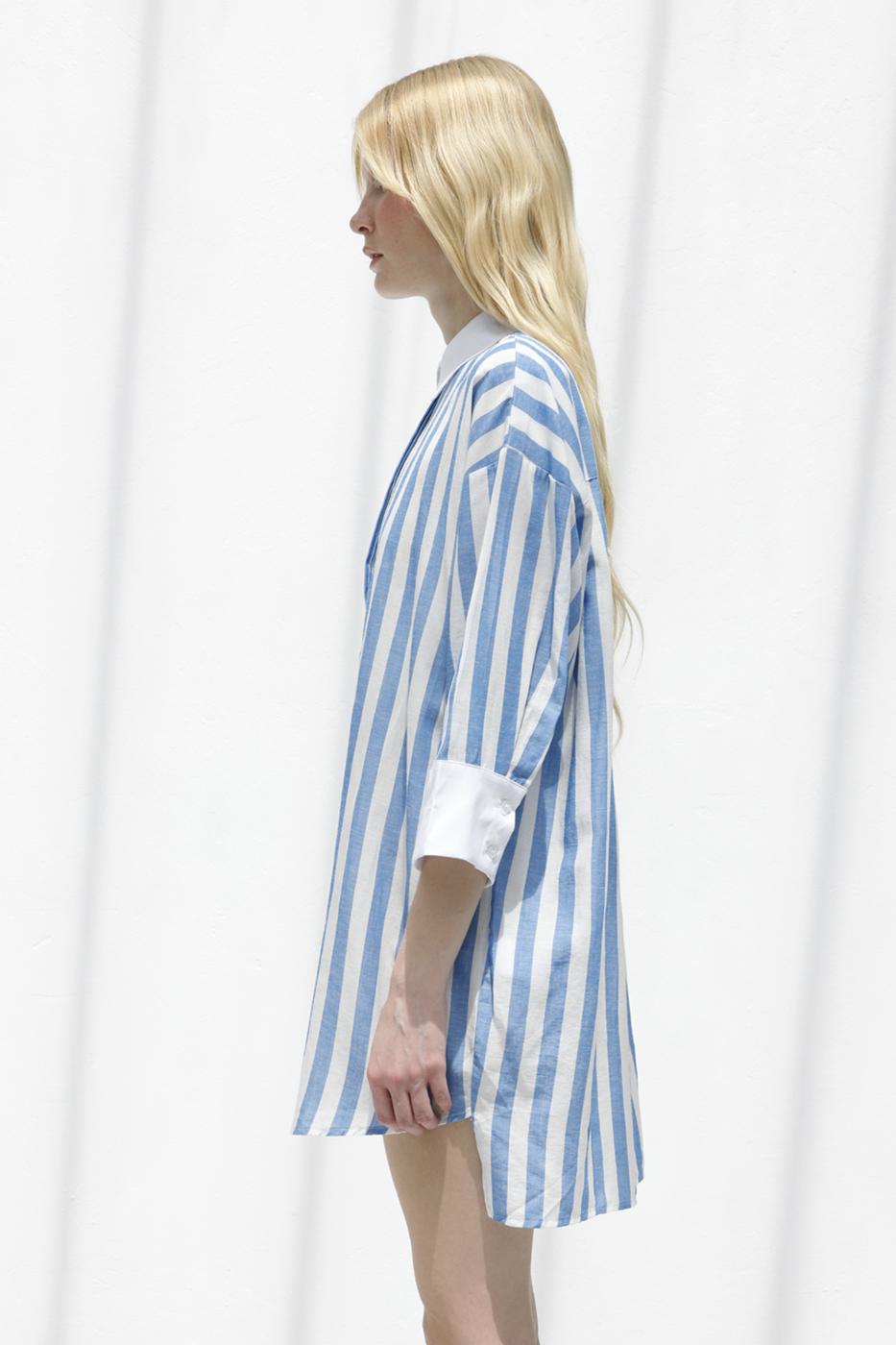 Striped Linen Blend Mini Dress Blue