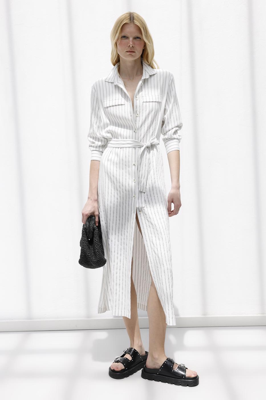 Striped Midi Shirt Dress Ecru