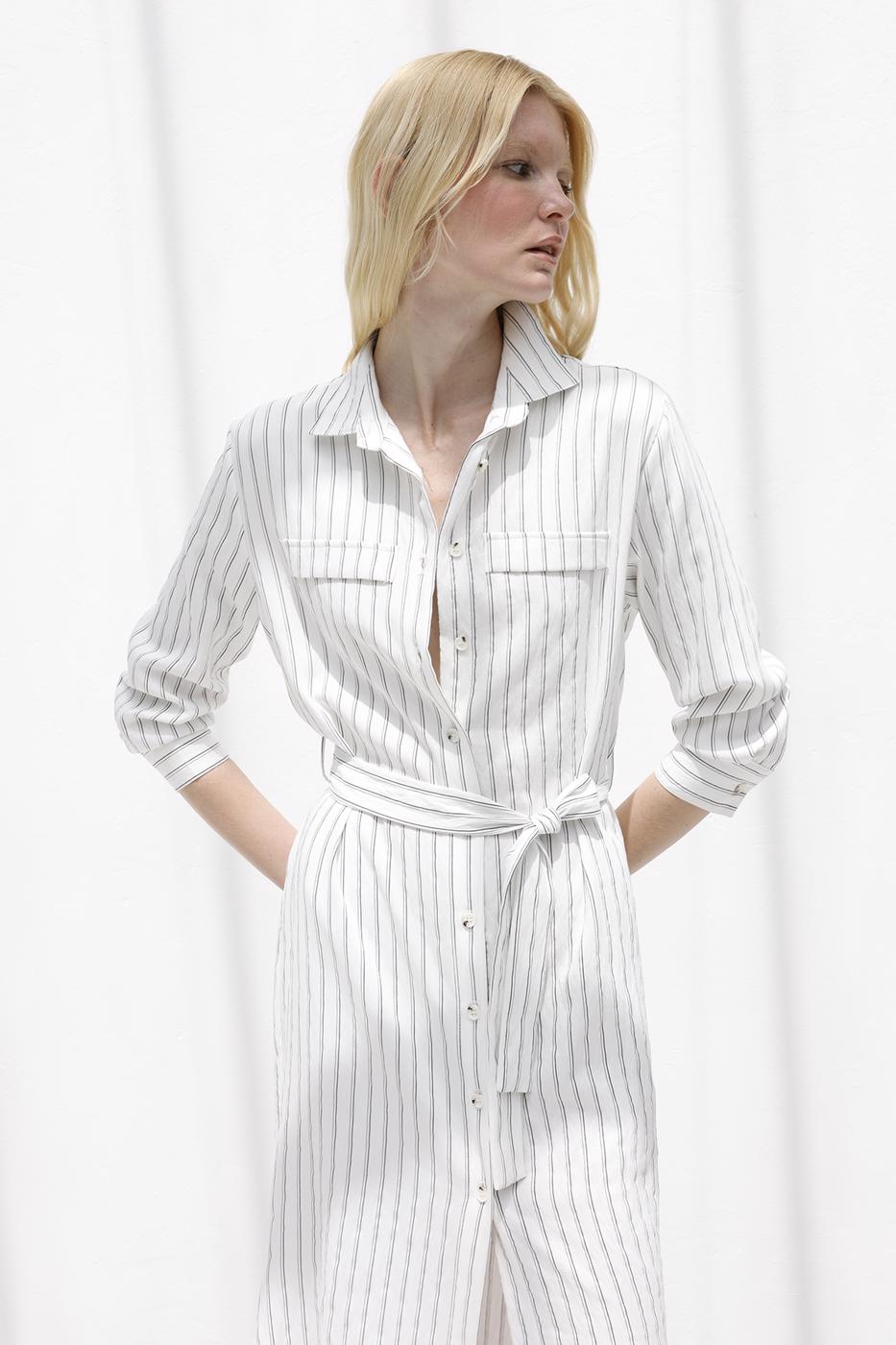 Striped Midi Shirt Dress Ecru