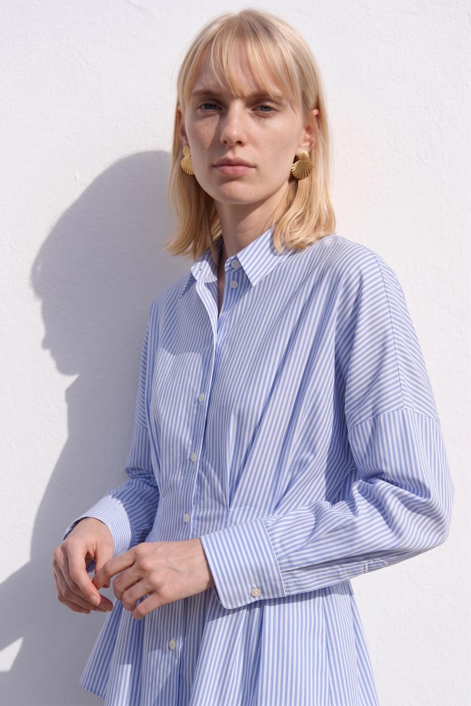 Striped Pleated Poplin Shirt Blue