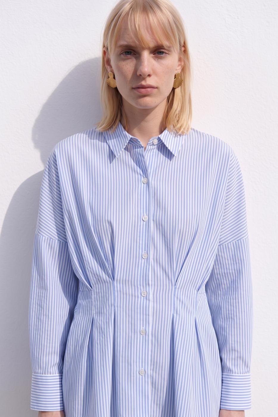 Striped Pleated Poplin Shirt Blue