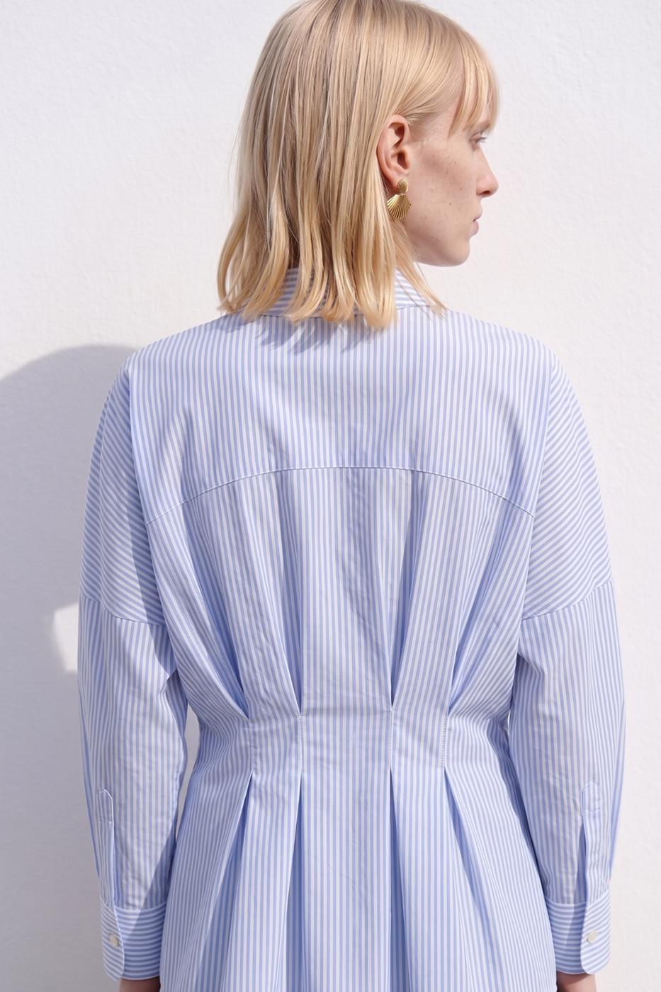 Striped Pleated Poplin Shirt Blue