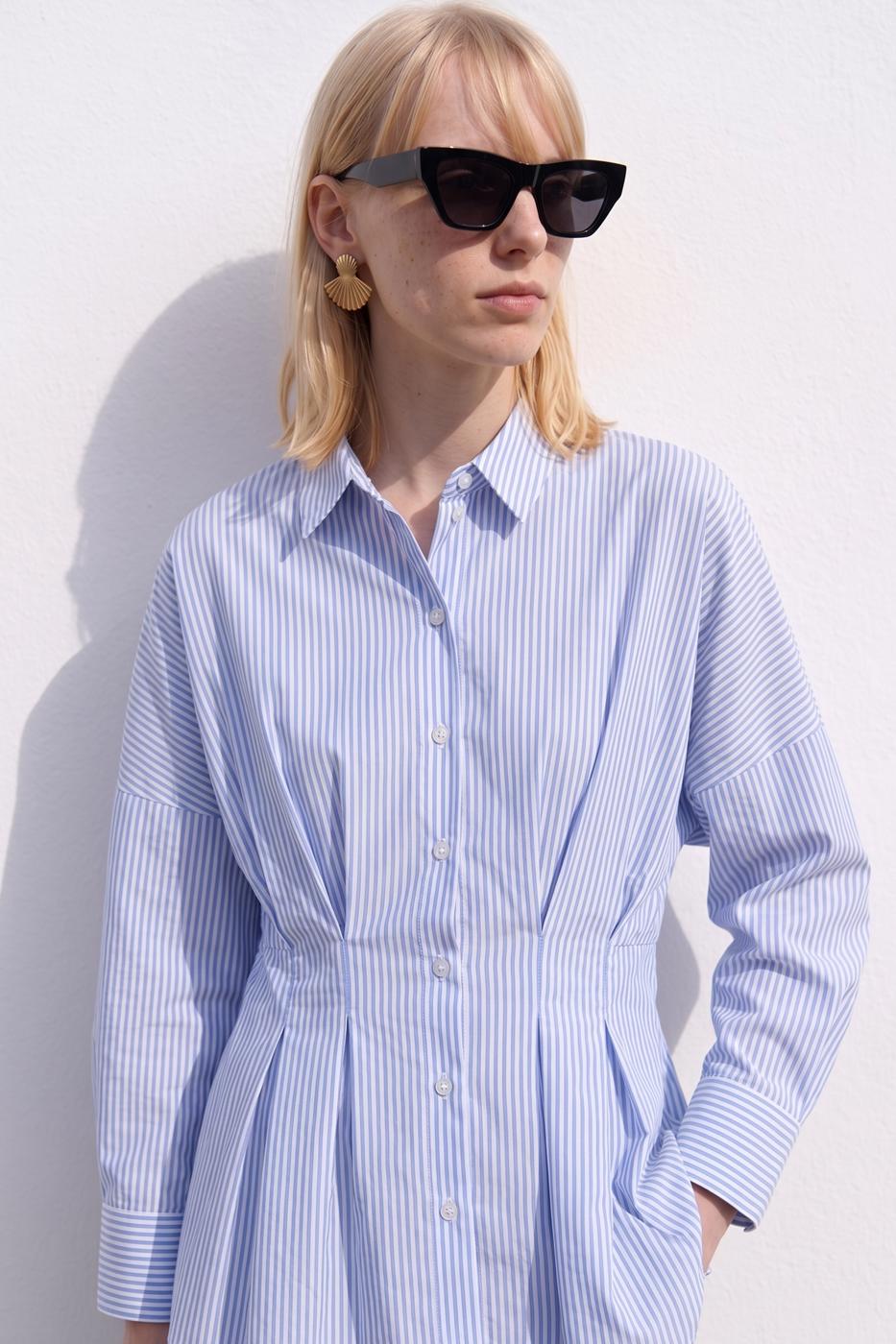 Striped Pleated Poplin Shirt Blue