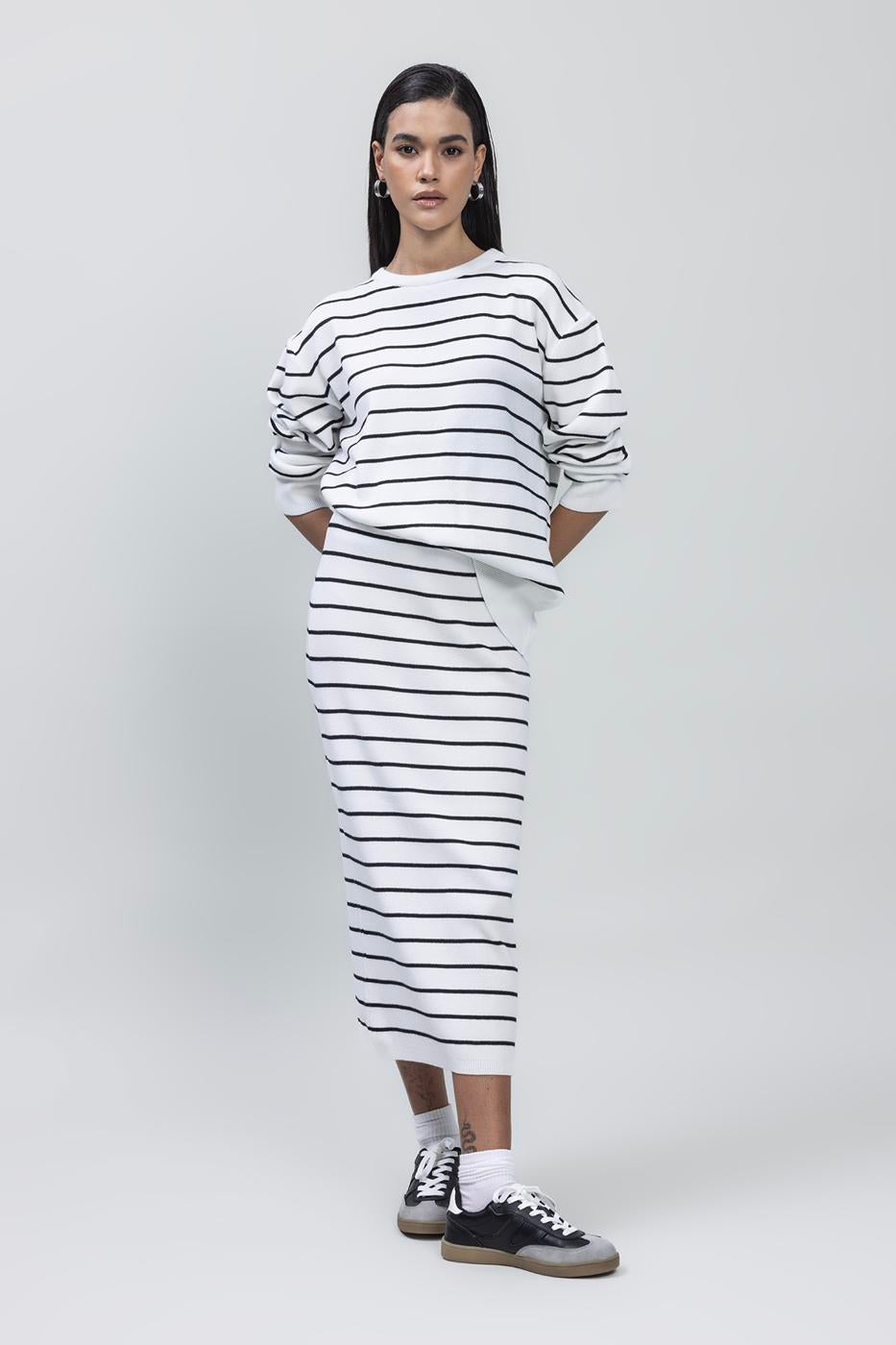 Striped Midi Pencil Knit Skirt