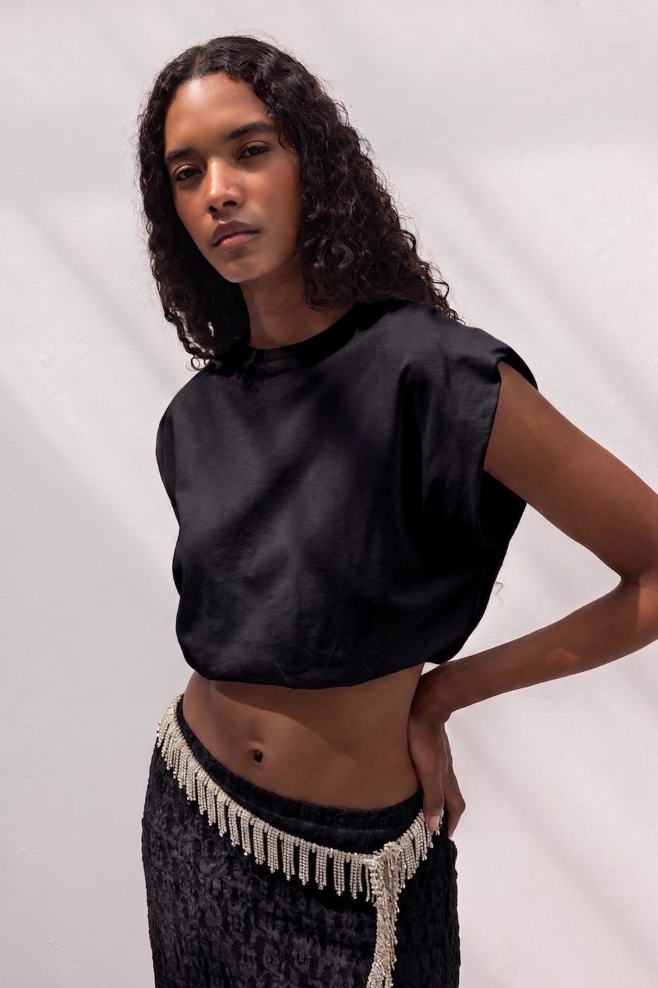 Crop Balloon T-shirt Black