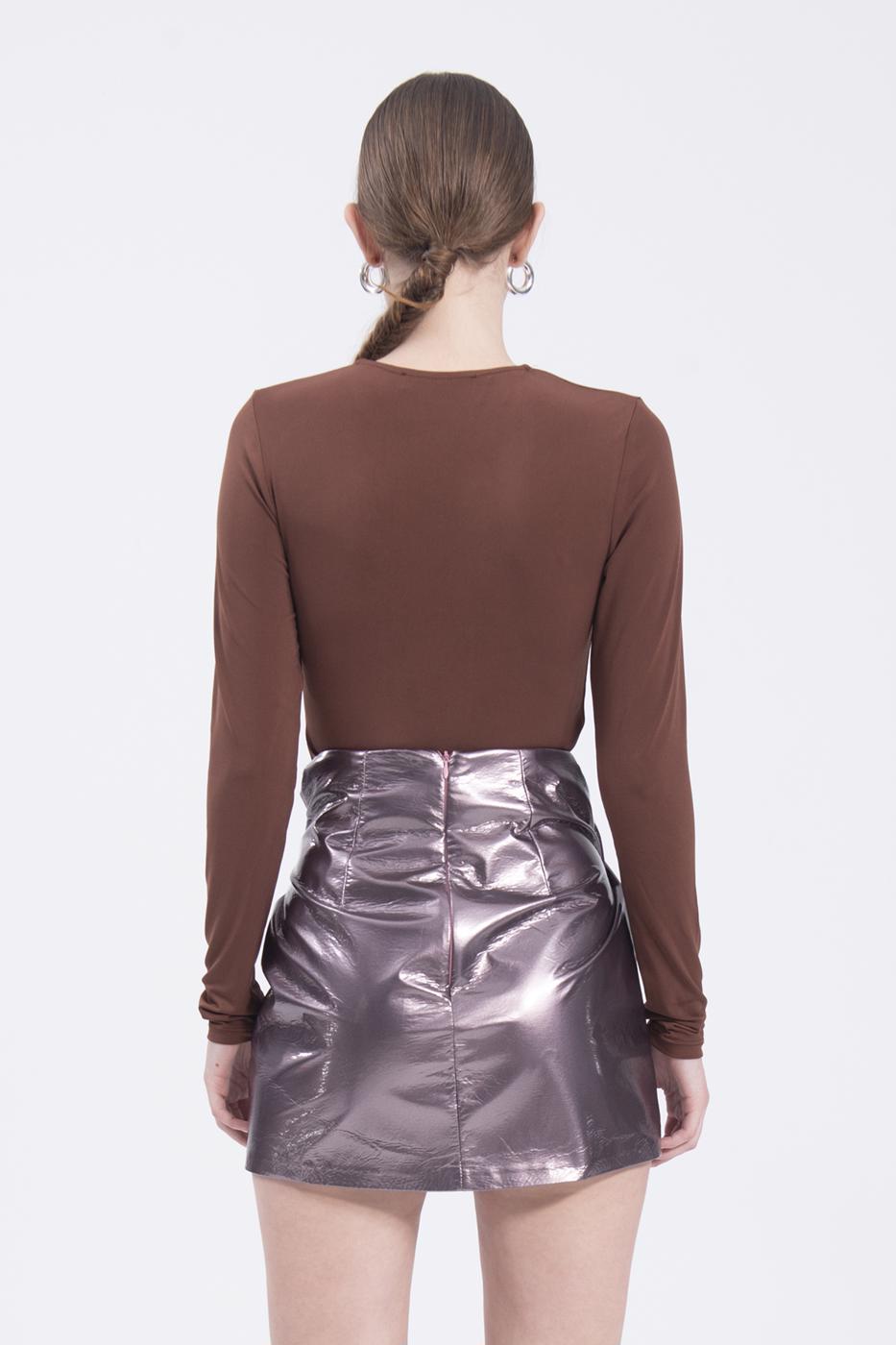 Cowlneck patent leather mini skirt