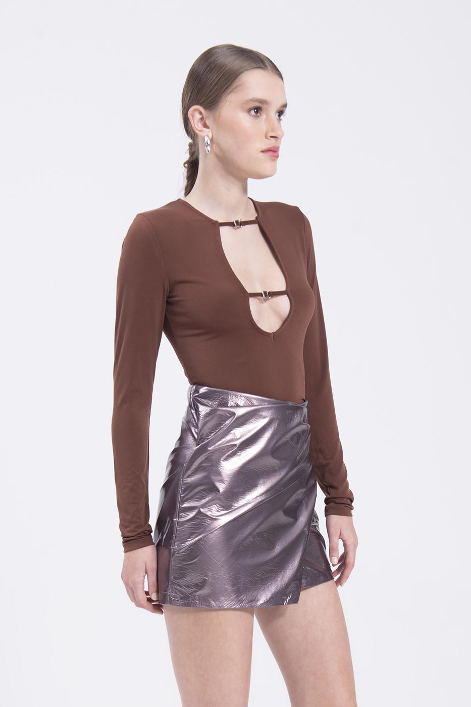 Cowlneck patent leather mini skirt
