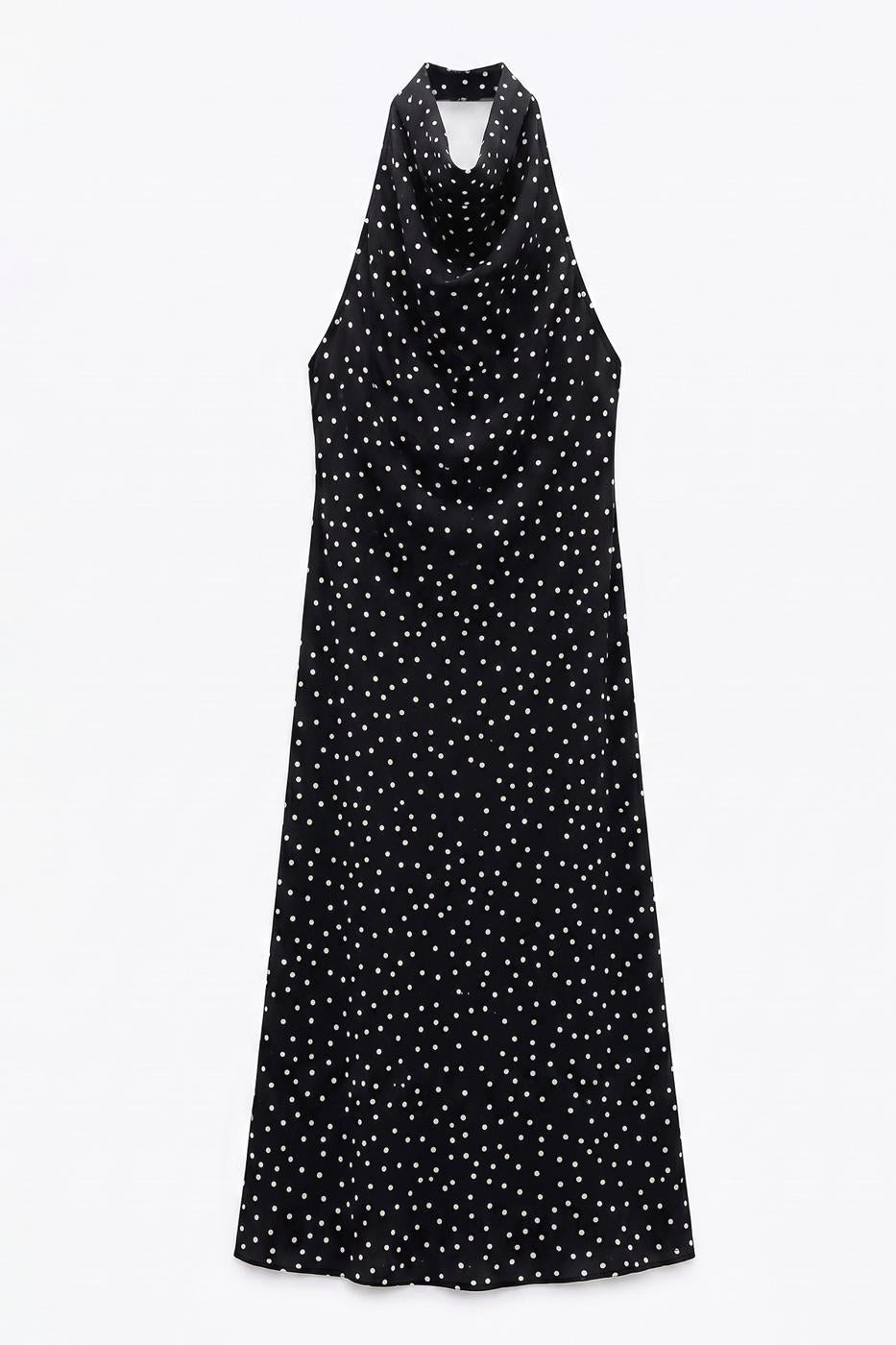 V-neck Maxi Dress with Backless Design Black polka dot