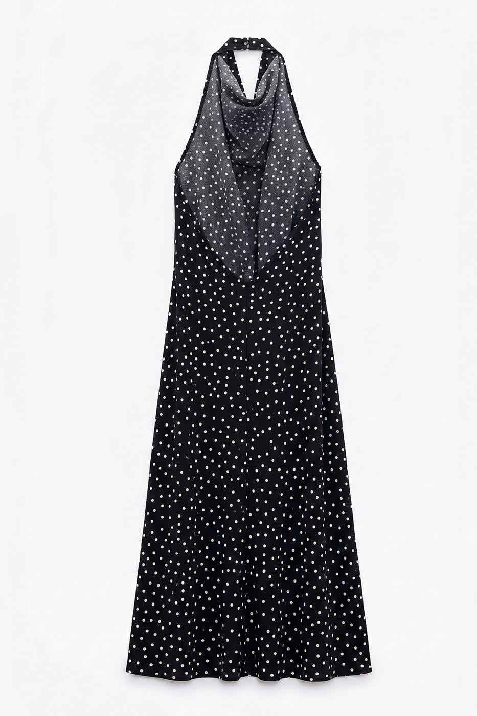 V-neck Maxi Dress with Backless Design Black polka dot