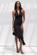 Cowl Neck Asymmetrical Skirt Detailed Midi Dress Black