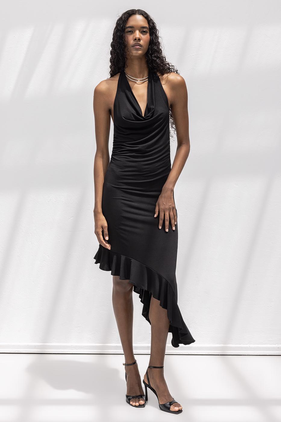 Cowl Neck Asymmetrical Skirt Detailed Midi Dress Black