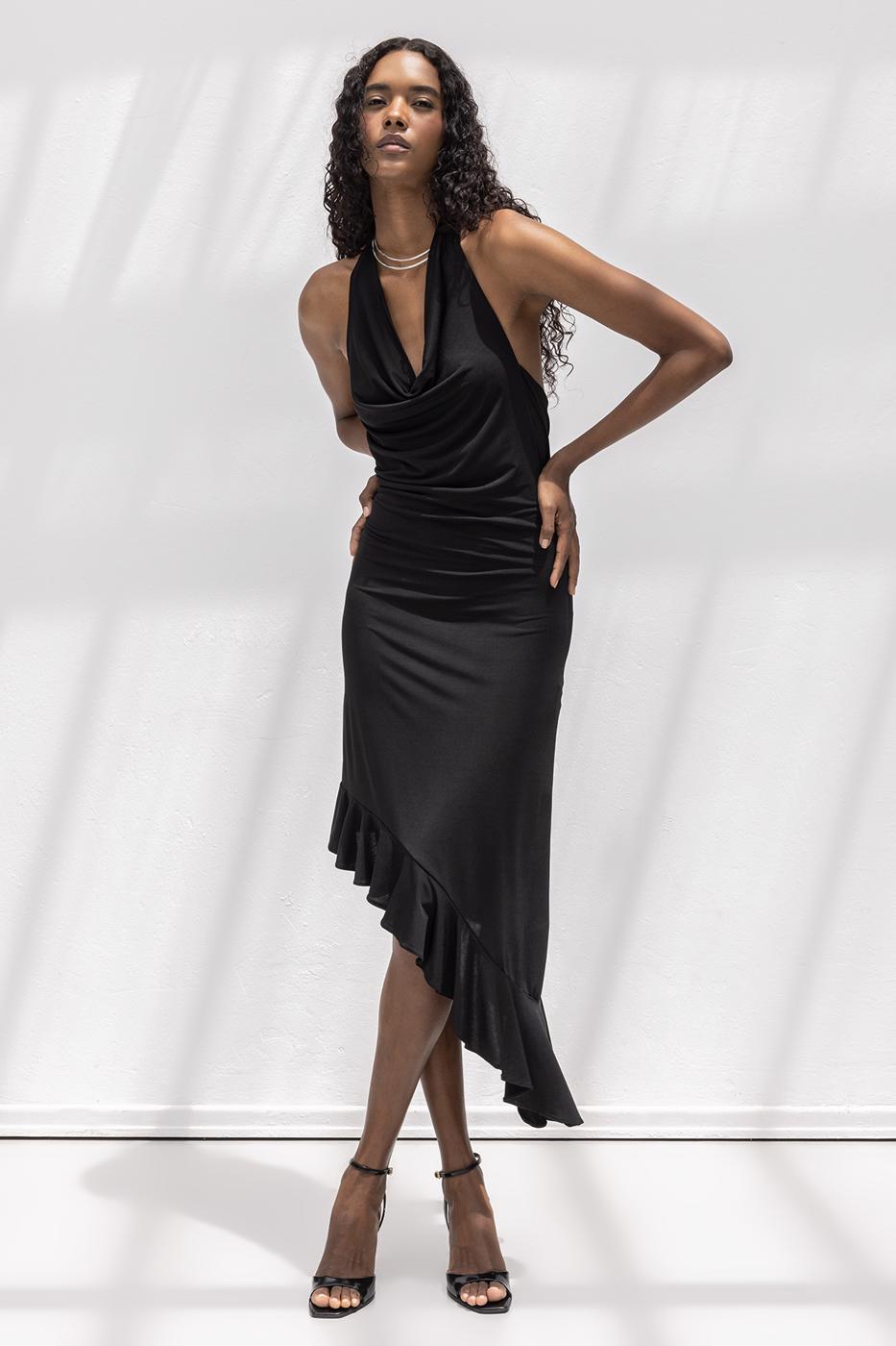 Cowl Neck Asymmetrical Skirt Detailed Midi Dress Black