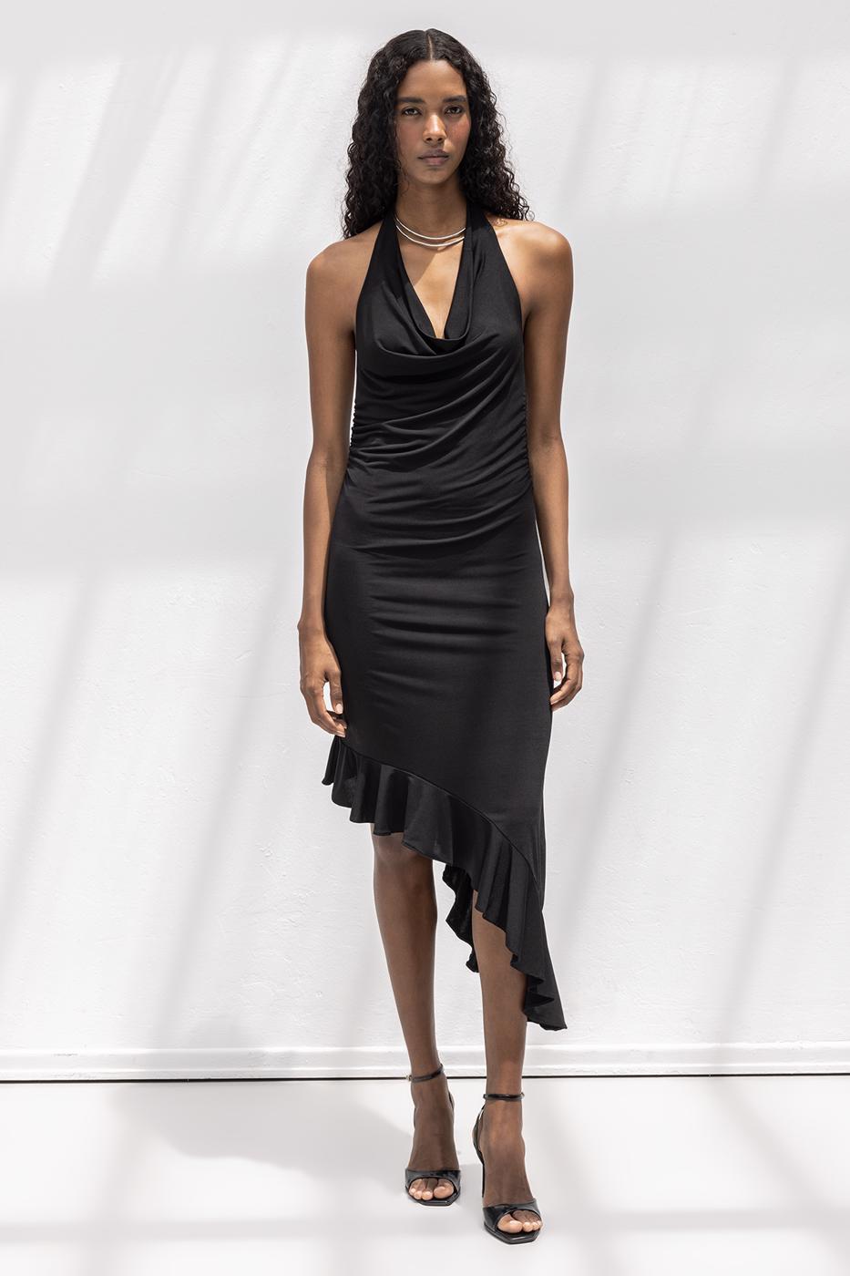 Cowl Neck Asymmetrical Skirt Detailed Midi Dress Black