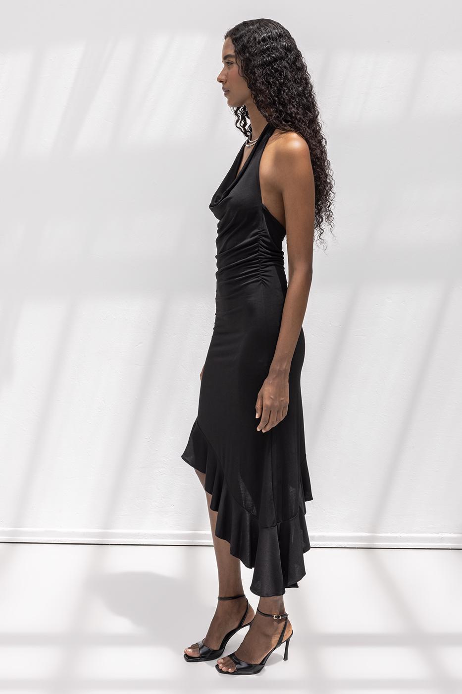 Cowl Neck Asymmetrical Skirt Detailed Midi Dress Black