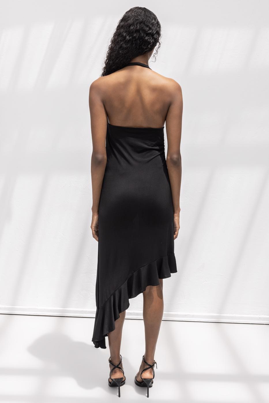 Cowl Neck Asymmetrical Skirt Detailed Midi Dress Black