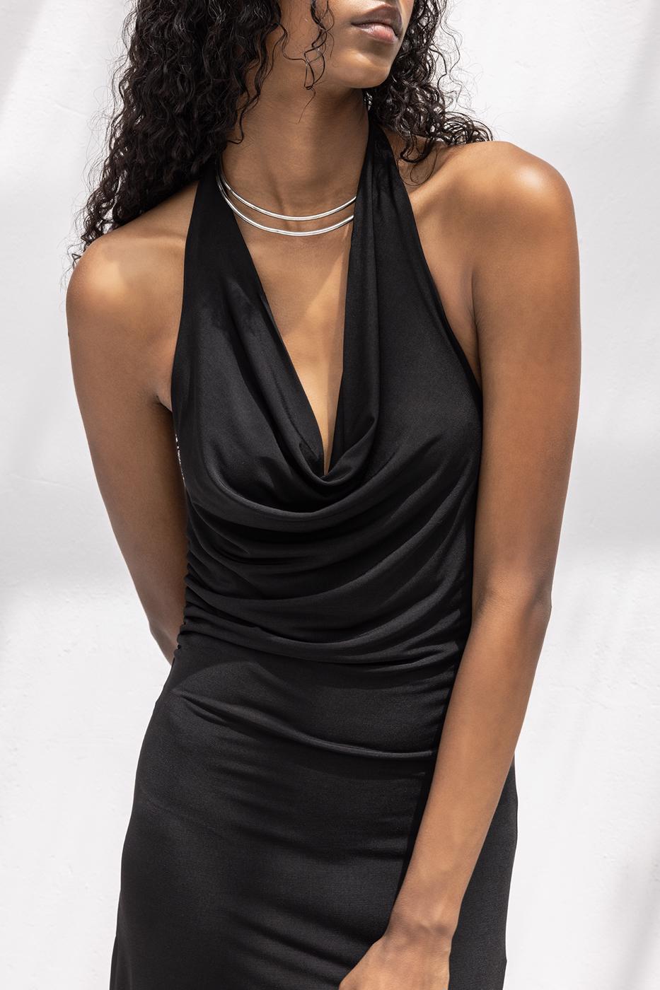 Cowl Neck Asymmetrical Skirt Detailed Midi Dress Black