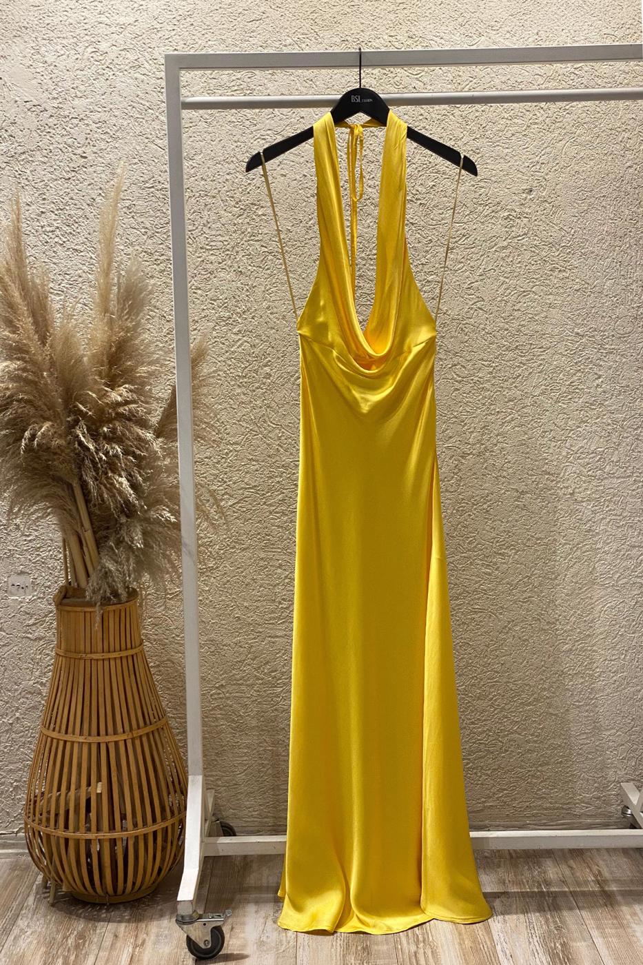 Cowl Neck Maxi Satin Dress Yellow