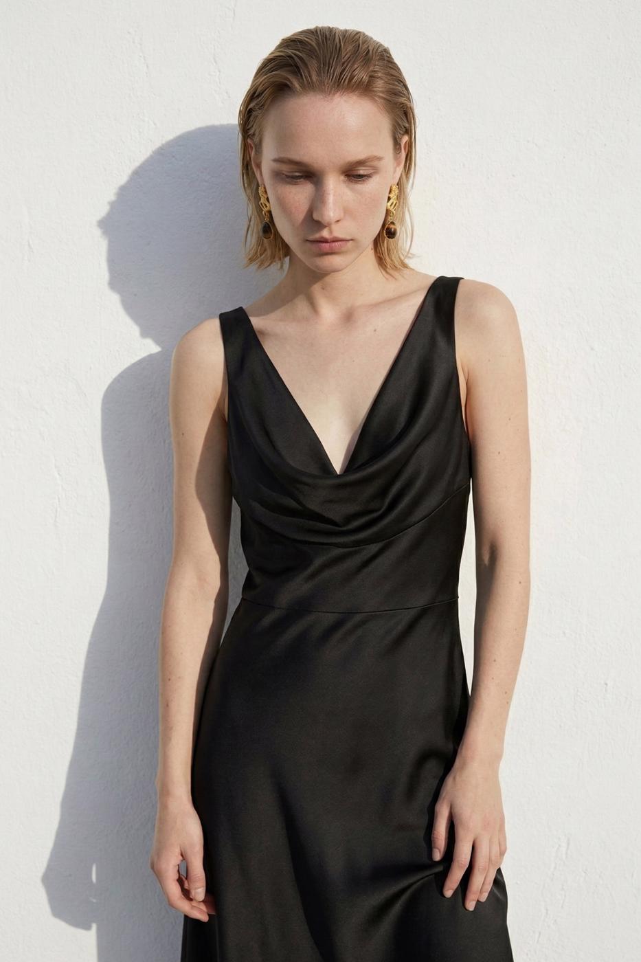 Cowl Neck Maxi Satin Dress Black