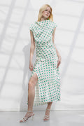Polka Dot Midi Dress with Plunging Collar Off whıte