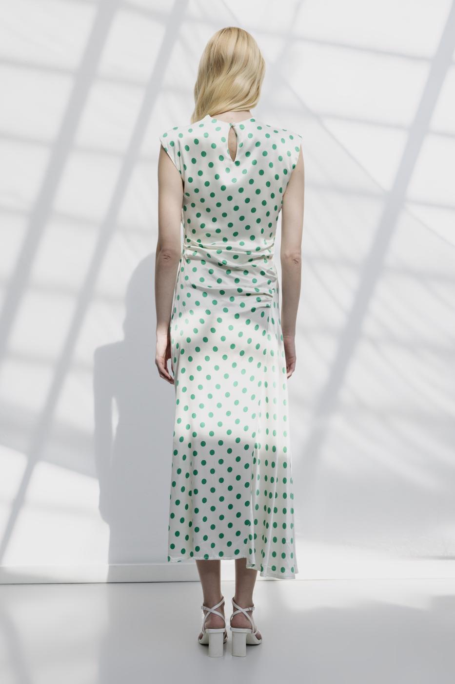 Polka Dot Midi Dress with Plunging Collar Off whıte