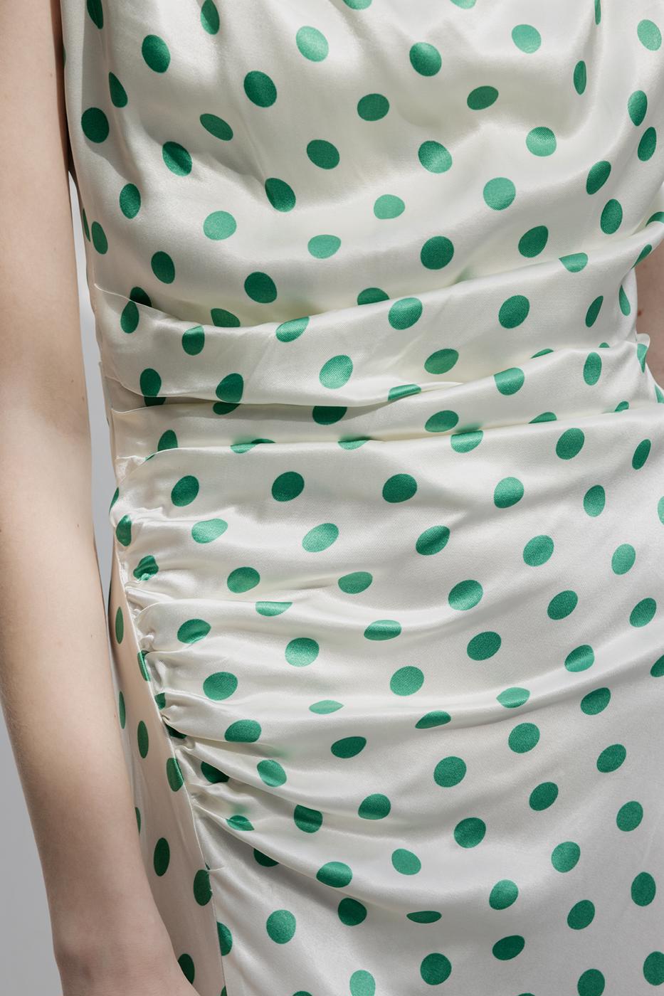 Polka Dot Midi Dress with Plunging Collar Off whıte