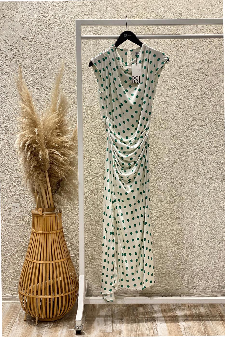 Polka Dot Midi Dress with Plunging Collar Off whıte