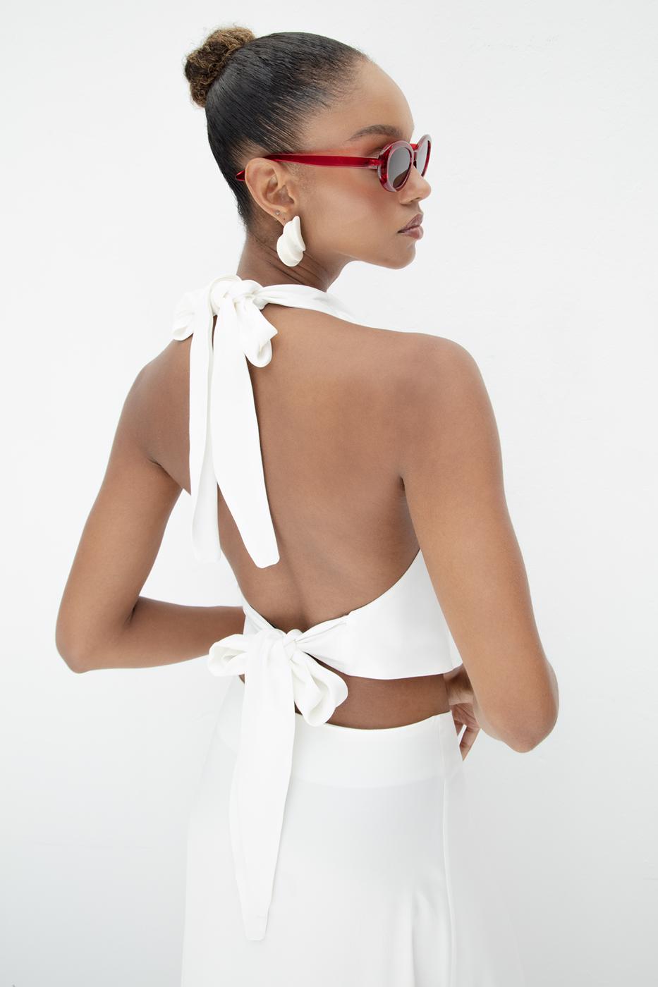 Satin Blouse with Plunging Collar Off whıte