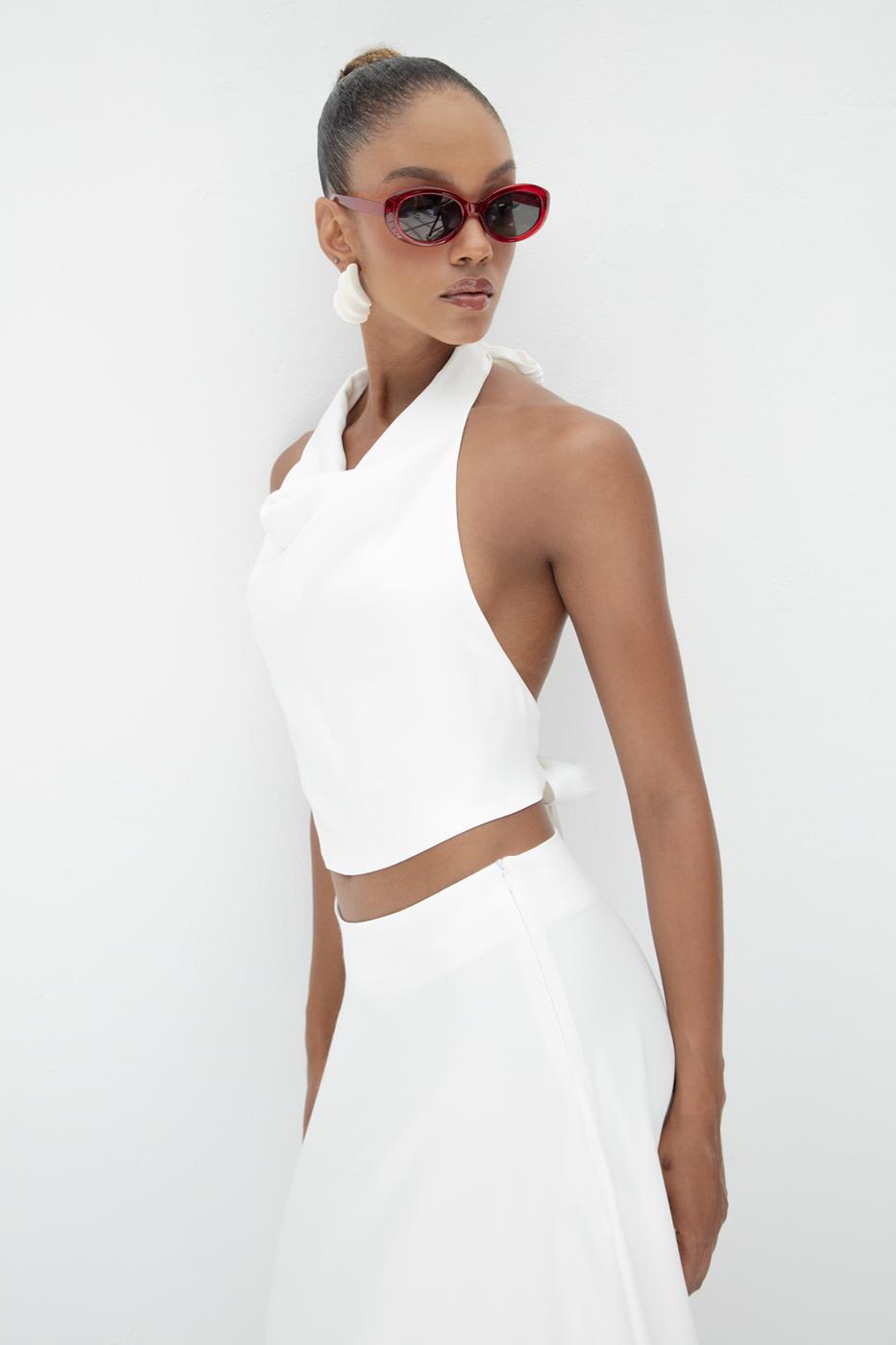 Satin Blouse with Plunging Collar Off whıte