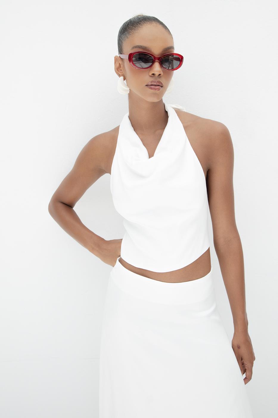 Satin Blouse with Plunging Collar Off whıte