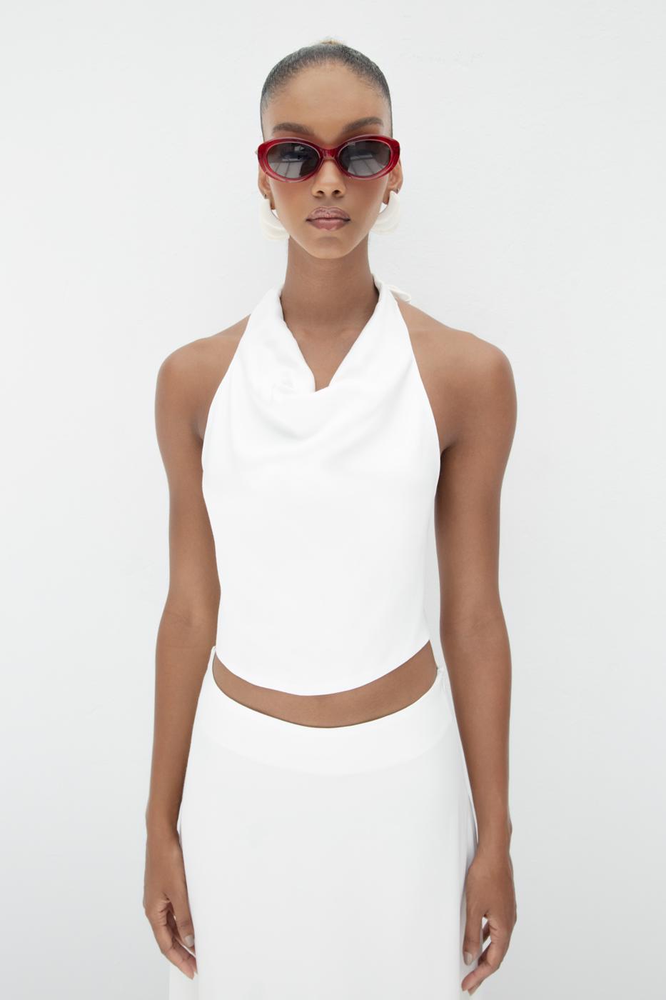 Satin Blouse with Plunging Collar Off whıte