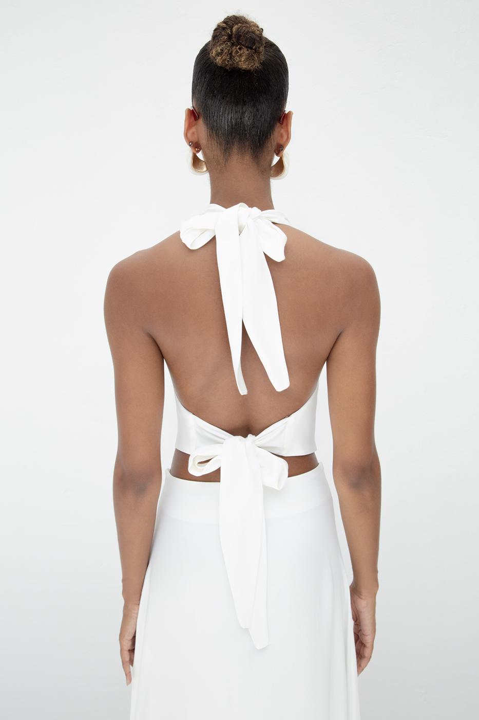 Satin Blouse with Plunging Collar Off whıte