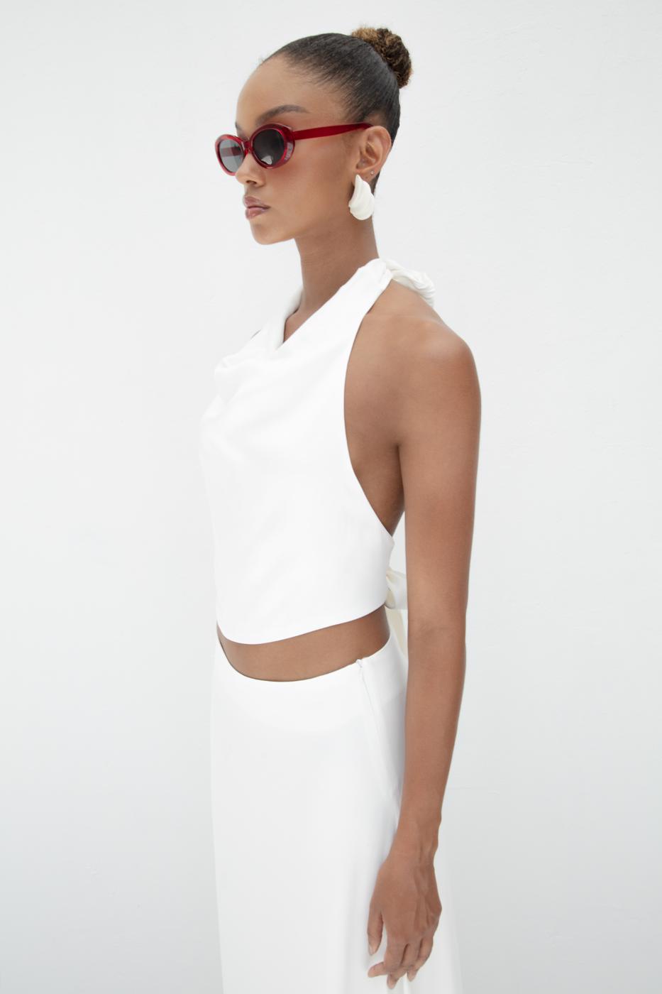 Satin Blouse with Plunging Collar Off whıte