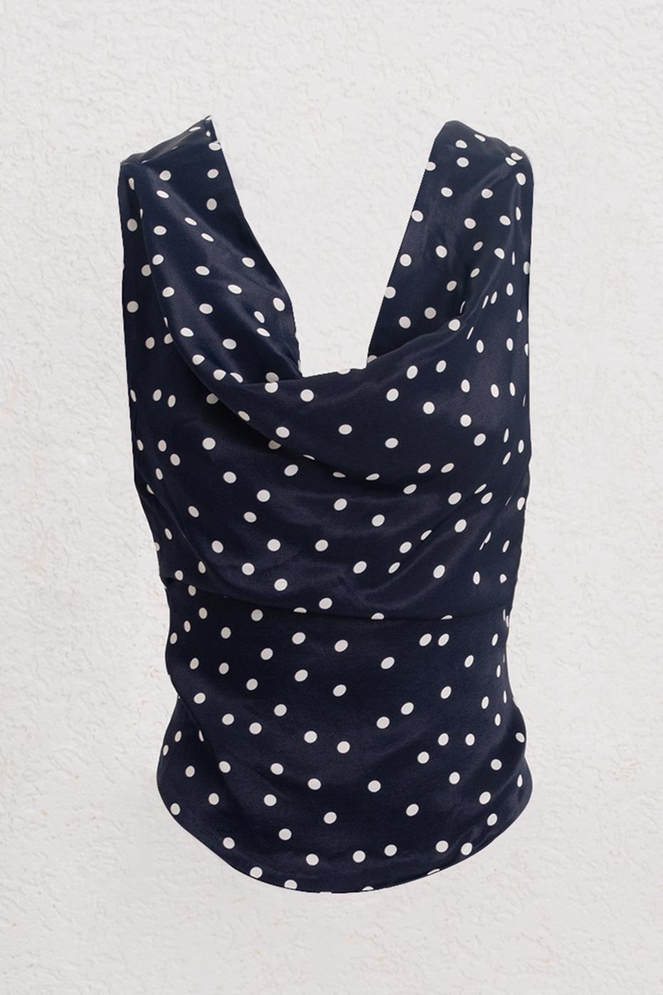Satin Blouse with Plunging Collar Navy