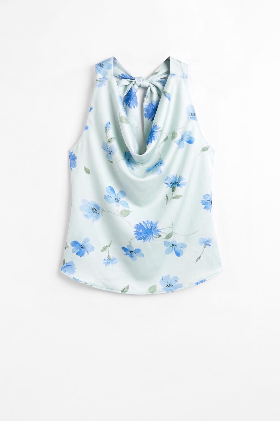Satin Blouse with Plunging Collar Blue