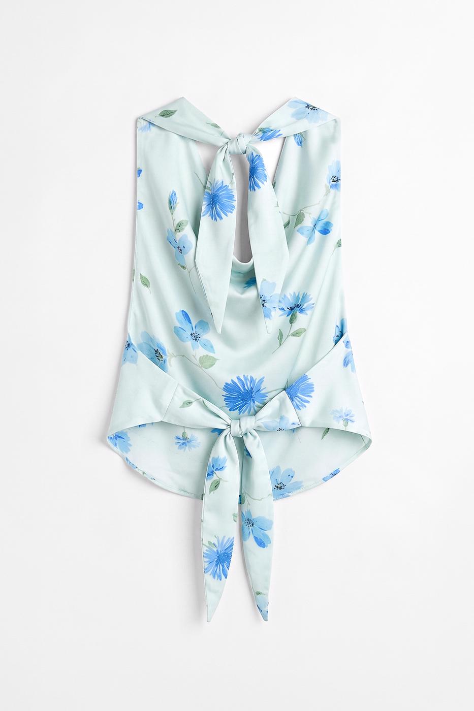 Satin Blouse with Plunging Collar Blue