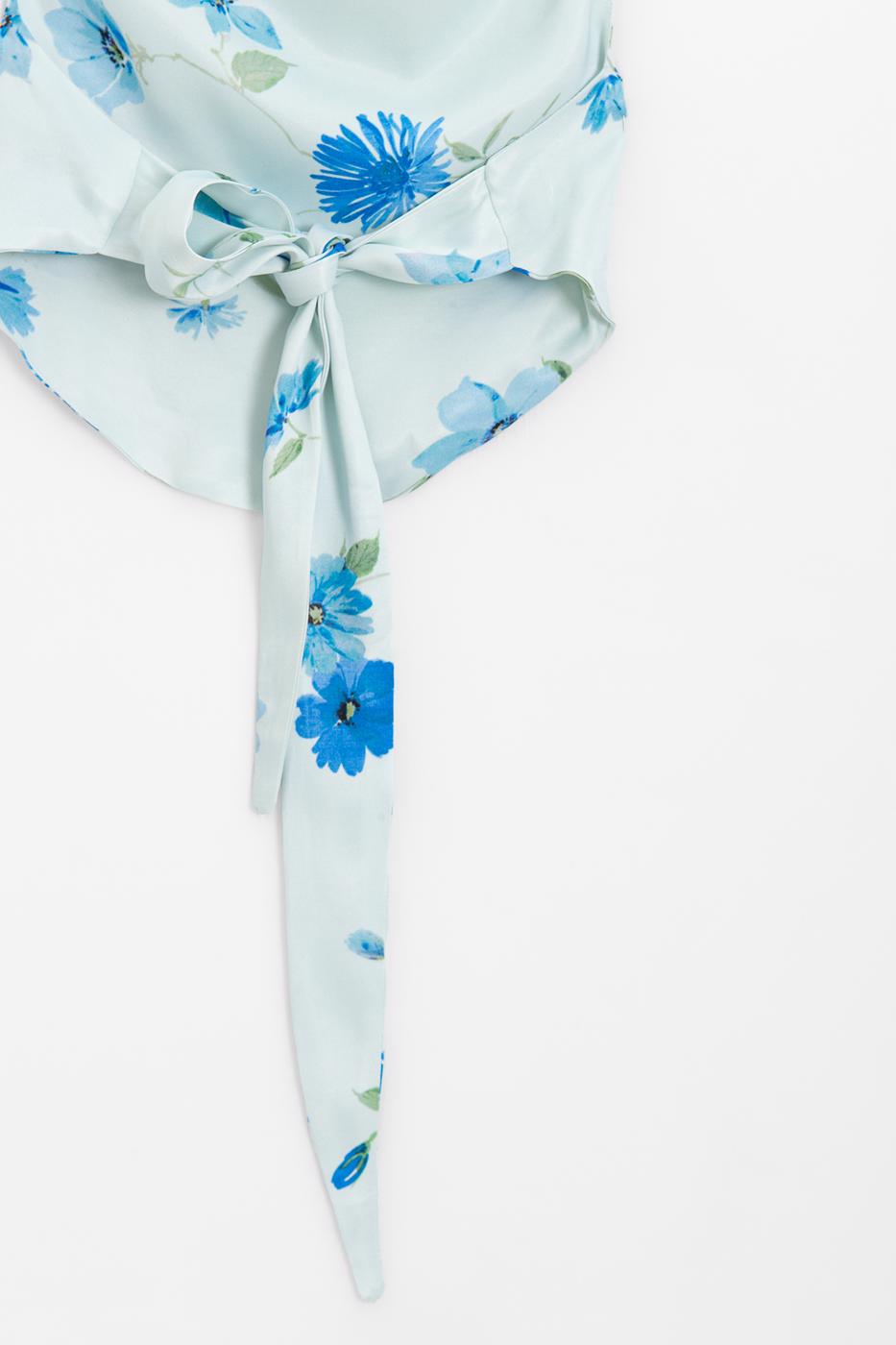 Satin Blouse with Plunging Collar Blue