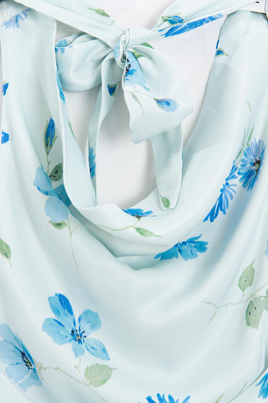 Satin Blouse with Plunging Collar Blue