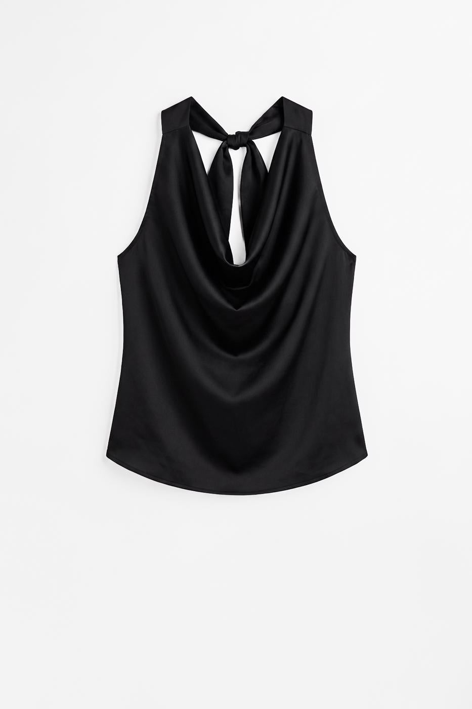 Satin Blouse with Plunging Collar Black