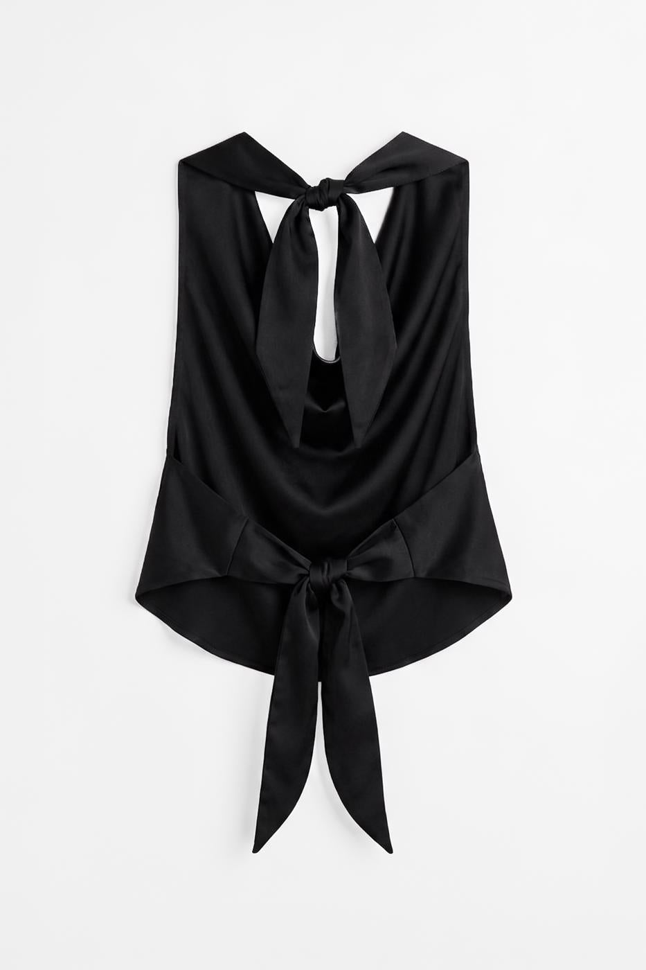 Satin Blouse with Plunging Collar Black