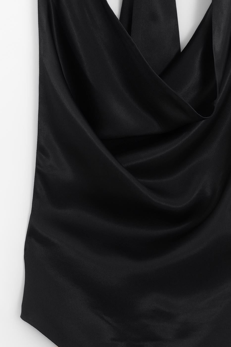 Satin Blouse with Plunging Collar Black