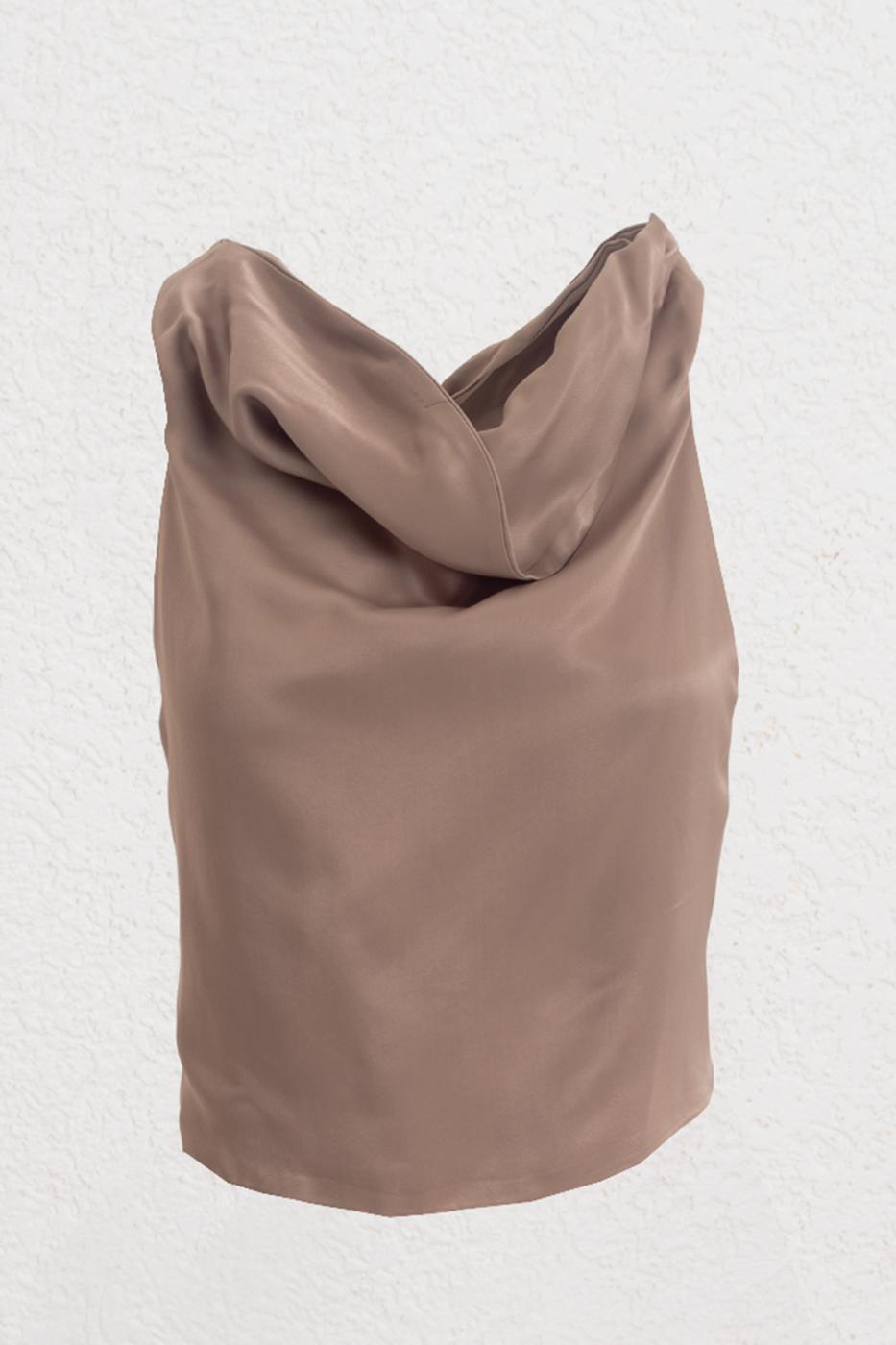 Satin Blouse with Plunging Collar Mink